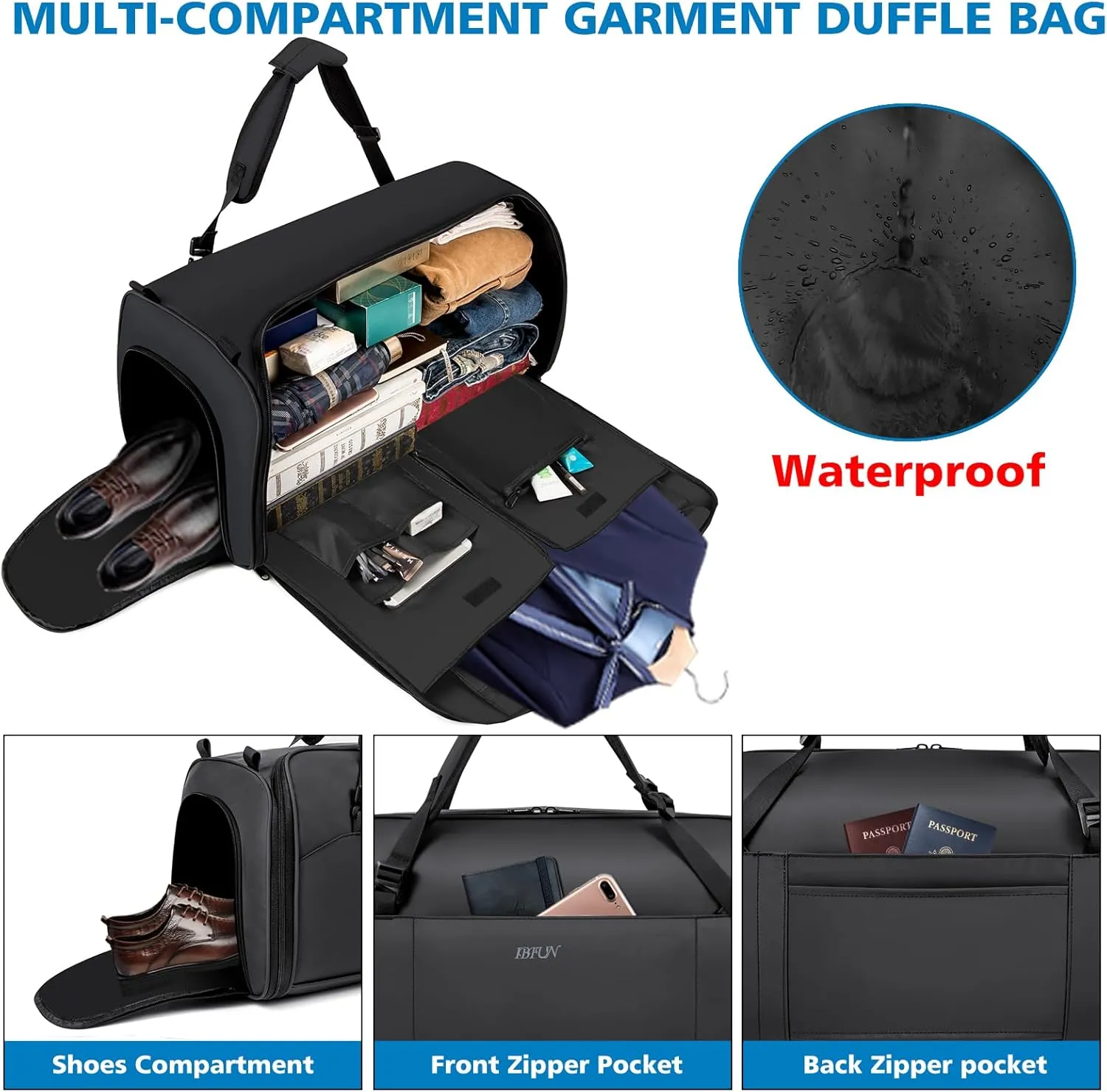 Convertible Garment Bags for Travel - Carry on Garment Duffle Bag with Backpack Straps for Men Women, 4 in 1 Large Travel Duffel Bags with Shoes Compartment Hanging Suit Dress Weekender Bag