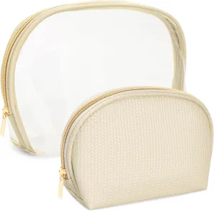 Cosmetic Bag for Women, Travel Makeup Bags 2 Pack, Waterproof Protable Toiletry Pouch Purse with Zipper, Clear Make up Organizer Case for Skincare Toiletries Accessories(Beige)