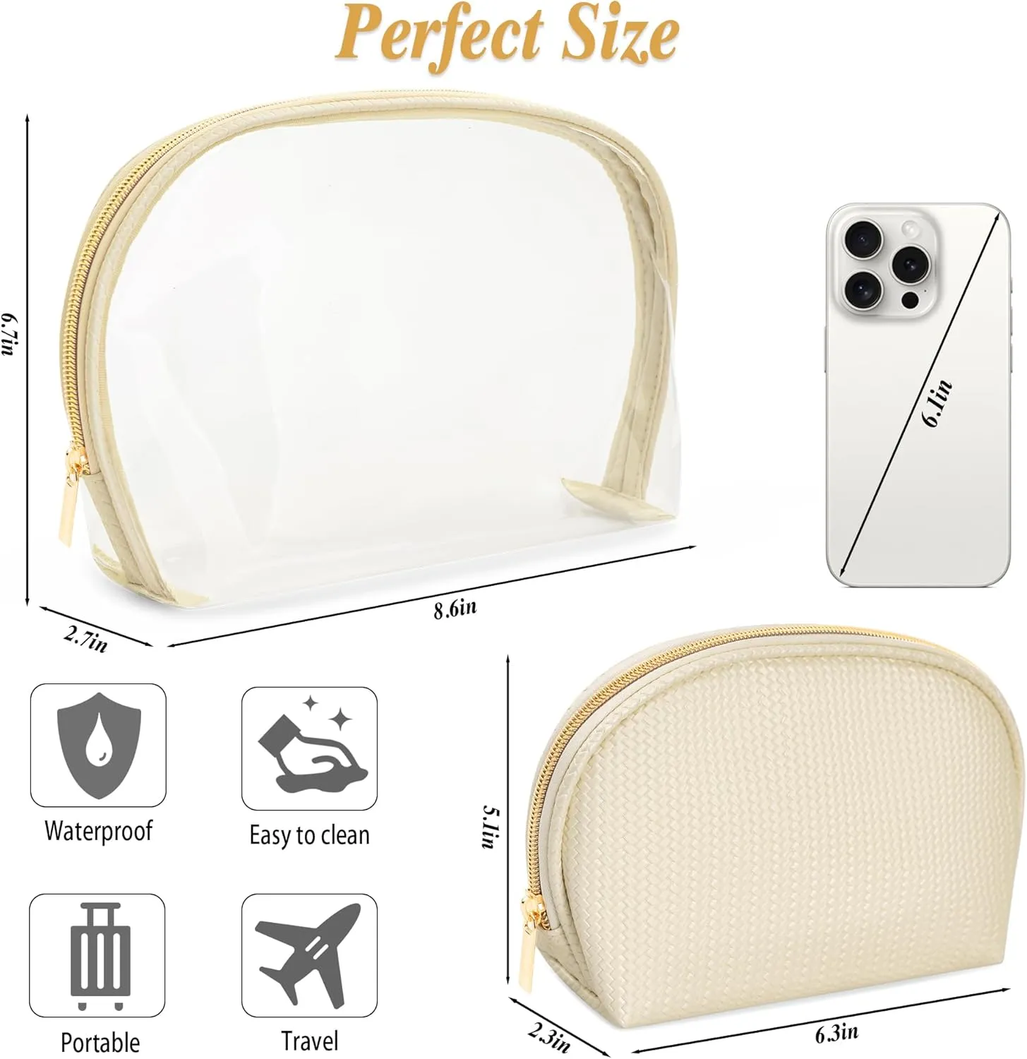 Cosmetic Bag for Women, Travel Makeup Bags 2 Pack, Waterproof Protable Toiletry Pouch Purse with Zipper, Clear Make up Organizer Case for Skincare Toiletries Accessories(Beige)