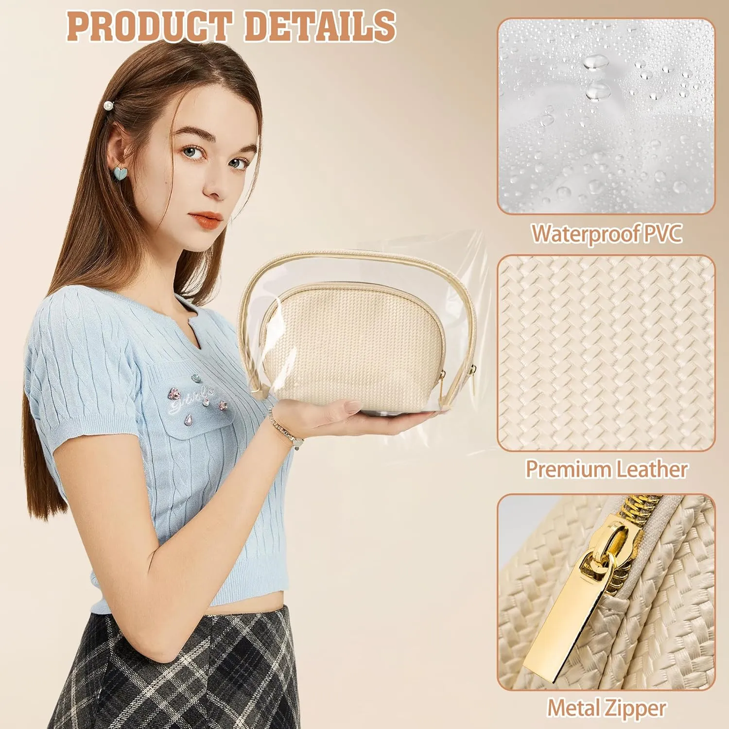 Cosmetic Bag for Women, Travel Makeup Bags 2 Pack, Waterproof Protable Toiletry Pouch Purse with Zipper, Clear Make up Organizer Case for Skincare Toiletries Accessories(Beige)