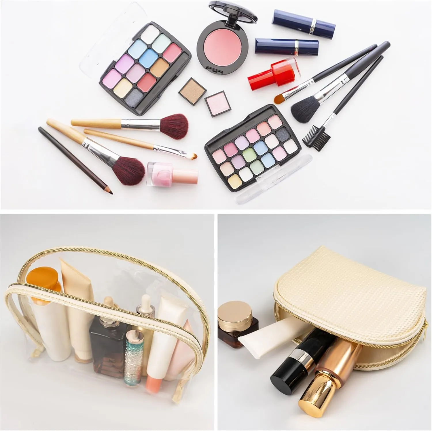 Cosmetic Bag for Women, Travel Makeup Bags 2 Pack, Waterproof Protable Toiletry Pouch Purse with Zipper, Clear Make up Organizer Case for Skincare Toiletries Accessories(Beige)