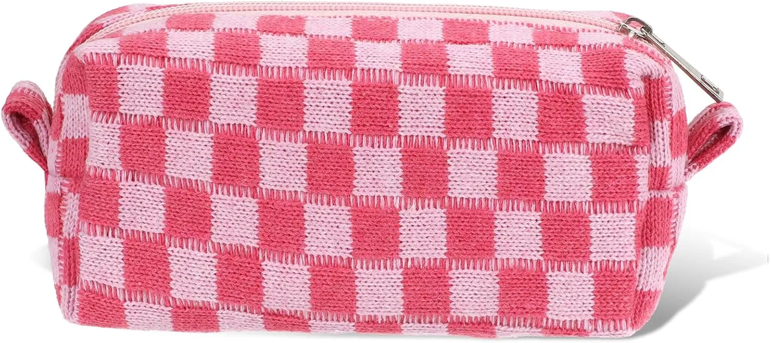 Cosmetic Bags for Women - Large Capacity Checkered Makeup Bag Set, Travel Toiletry Organizer Cute Y2K Aesthetic Makeup Pouch for Purse, Zipper Storage Bag for Makeup Brushes and Accessories (HotPink)