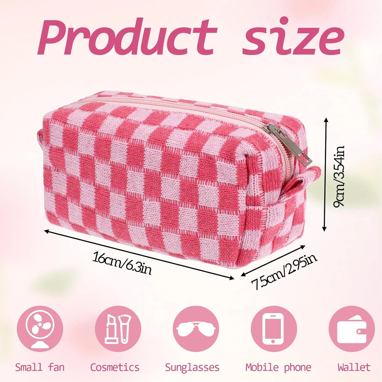 Cosmetic Bags for Women - Large Capacity Checkered Makeup Bag Set, Travel Toiletry Organizer Cute Y2K Aesthetic Makeup Pouch for Purse, Zipper Storage Bag for Makeup Brushes and Accessories (HotPink)