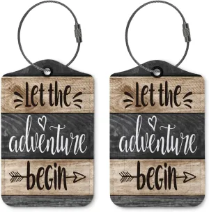 Couple Luggage Tags for Suitcases,Let The Adventure Begin 2 Pack Travel Suitcase Tags,Wood Stripes Traveling Accessories Baggage Tag Label with Steel Loop,Bride Groom Travel Gifts