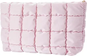 CREATCABIN Puffy Cosmetic Bag Quilted Makeup Bag Leather Make Up Bag Zipper Toiletry Bag Makeup Pouch Purse Portable Travel Capacity Organizer Washable with Zipper for Women 10.4x5.9 Inch Pink