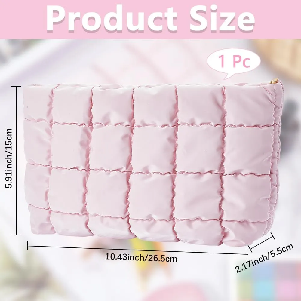 CREATCABIN Puffy Cosmetic Bag Quilted Makeup Bag Leather Make Up Bag Zipper Toiletry Bag Makeup Pouch Purse Portable Travel Capacity Organizer Washable with Zipper for Women 10.4x5.9 Inch Pink