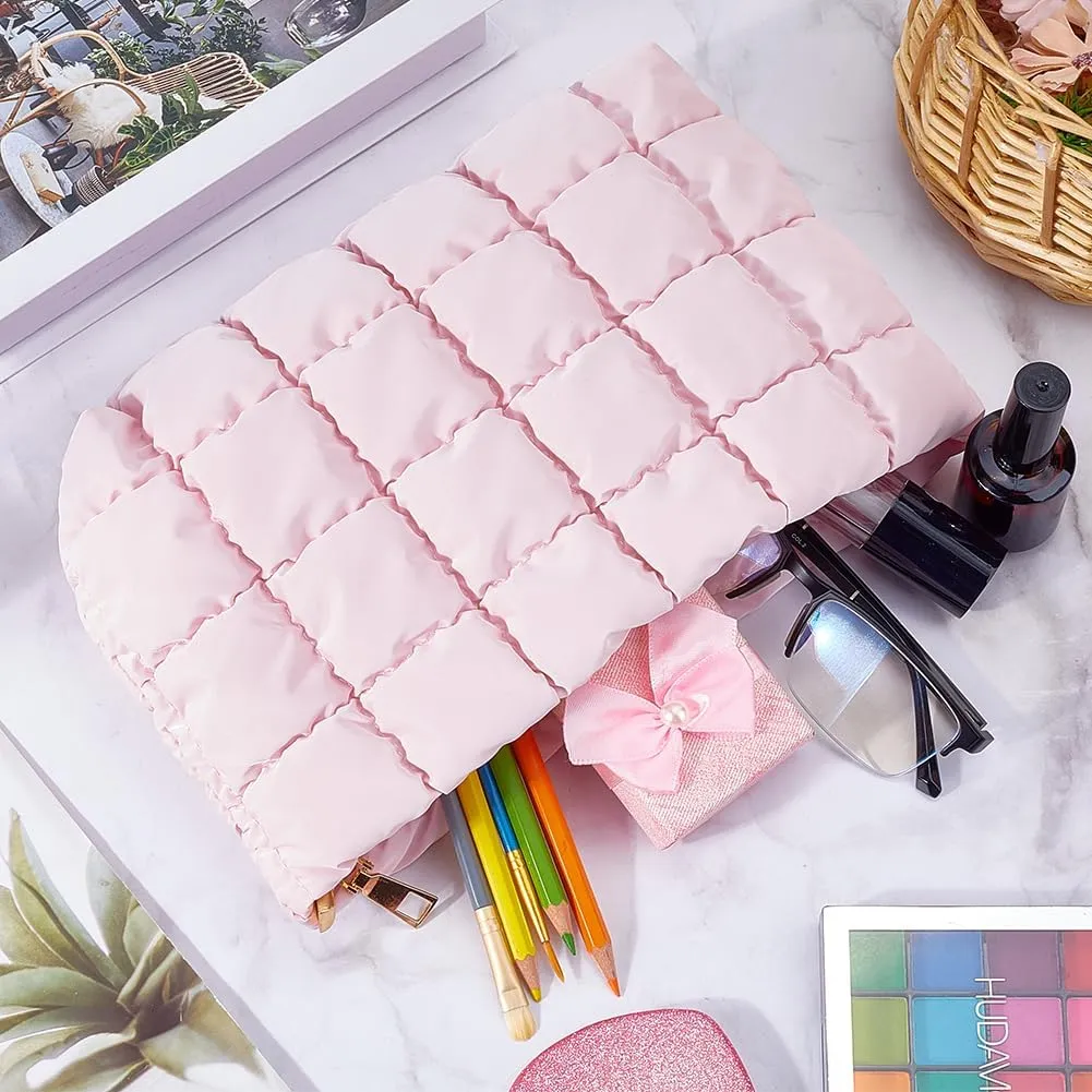 CREATCABIN Puffy Cosmetic Bag Quilted Makeup Bag Leather Make Up Bag Zipper Toiletry Bag Makeup Pouch Purse Portable Travel Capacity Organizer Washable with Zipper for Women 10.4x5.9 Inch Pink