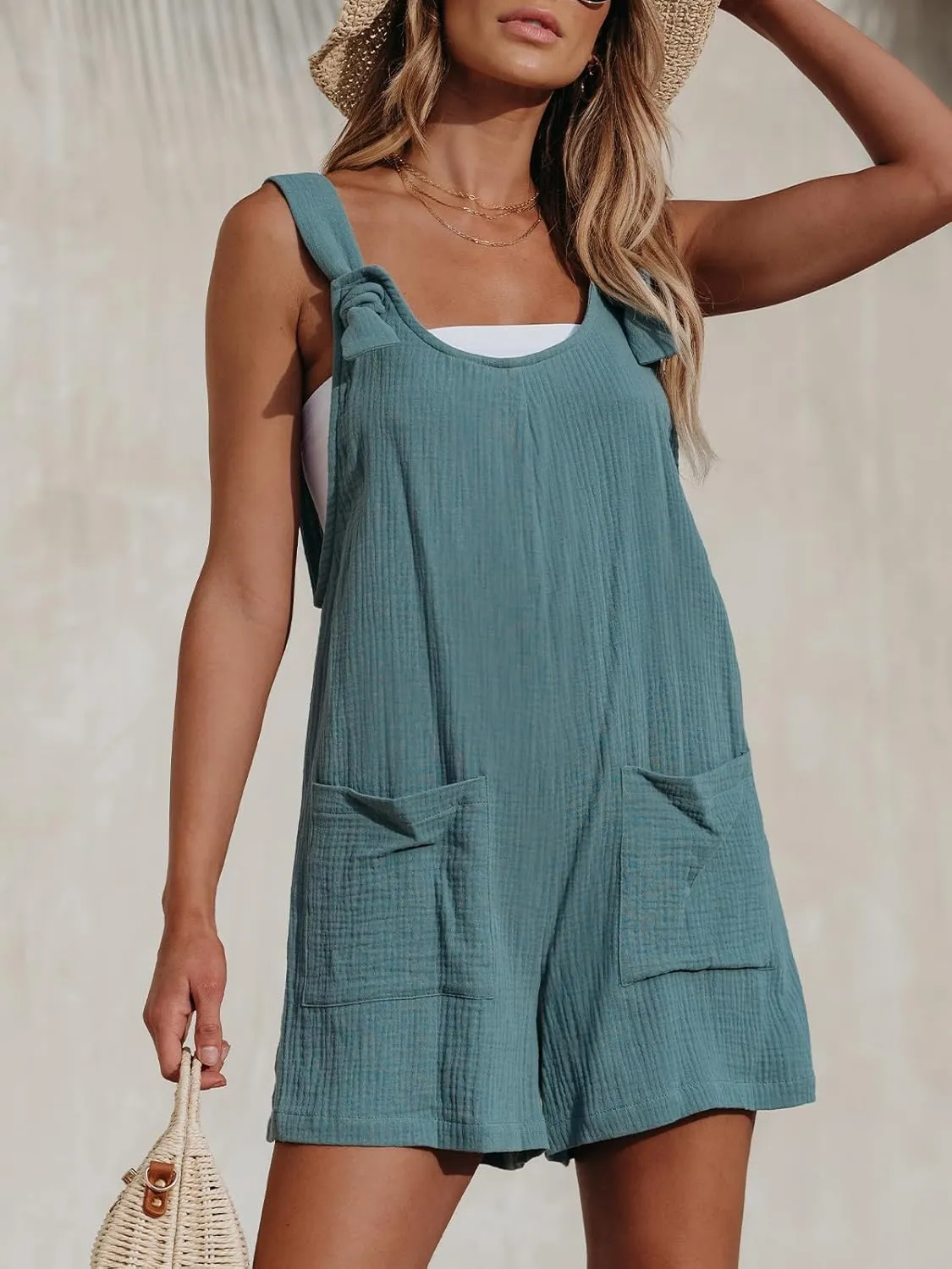 CUPSHE Women's Summer Sleeveless Overall Adjustable Loose Jumpsuit Beach Romper Travel Vacation Outfits with Pockets