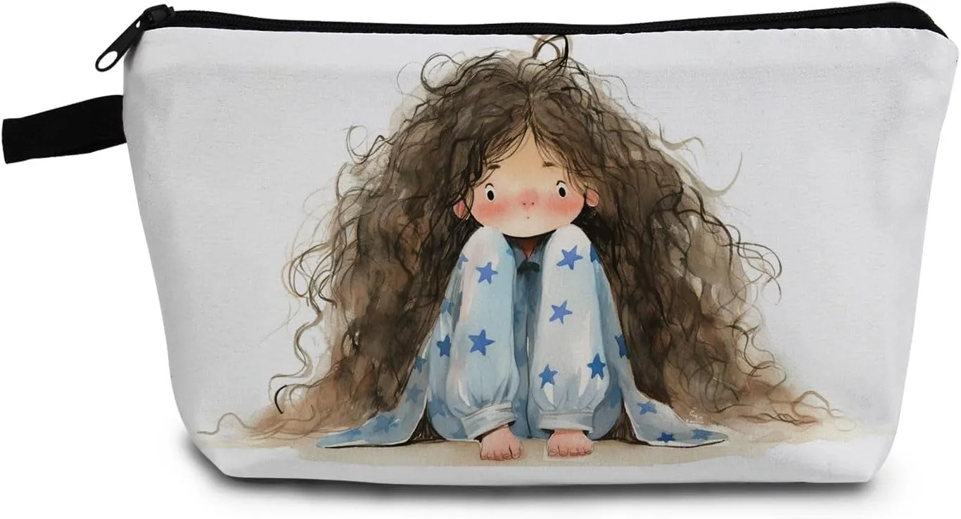 Curly-haired Missy Makeup Bag Cute Small Organizer Bag with Zipper Miss Curly Hair Print Cosmetic Bag Cartoon Birthday Presents for Women Friends Young Lady