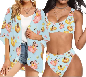 Custom Face Swimsuit Personalized Funny Bikini Set for Women Matching Swim Top Bottom & Beach Cover Up for Swimwear