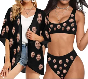 Custom Face Swimsuit Personalized Funny Bikini Set for Women Matching Swim Top Bottom & Beach Cover Up for Swimwear