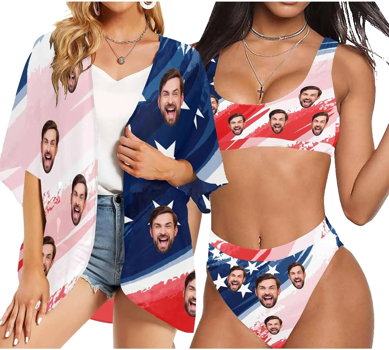 Custom Face Swimsuit Personalized Funny Bikini Set for Women Matching Swim Top Bottom & Beach Cover Up for Swimwear