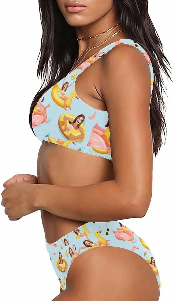 Custom Face Swimsuit Personalized Funny Bikini Set for Women Matching Swim Top Bottom & Beach Cover Up for Swimwear