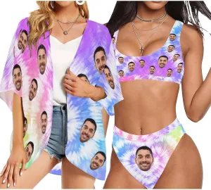 Custom Face Swimsuit Personalized Funny Bikini Set for Women Matching Swim Top Bottom & Beach Cover Up for Swimwear