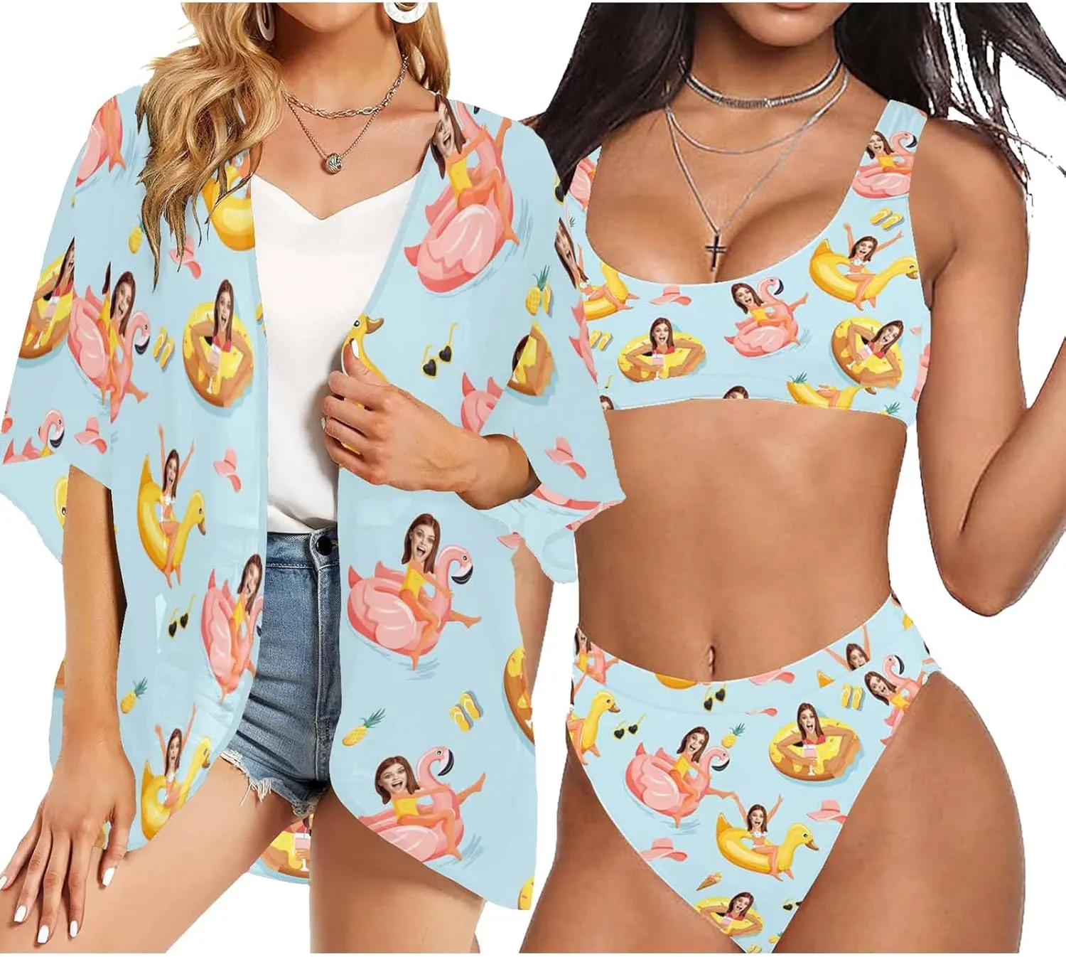 Custom Face Swimsuit Personalized Funny Bikini Set for Women Matching Swim Top Bottom & Beach Cover Up for Swimwear