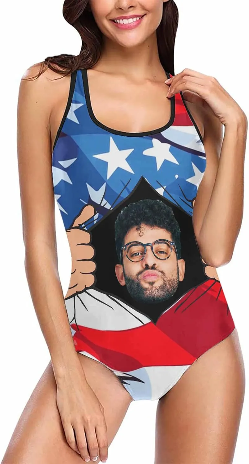 Custom Face Swimsuits for Women, Personalized Photo Tank Top Swimsuits, Customized One Piece Swimwear for Summer Holiday