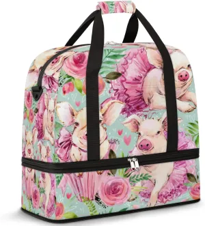 Cute Animal Pig Flower Rose Foldable Travel Duffel Bag Tote Carry On Luggage Sport Duffle for Women Men Gym Bag Overnight Weekender Bags with Shoe Compartments & Shoulder Strap