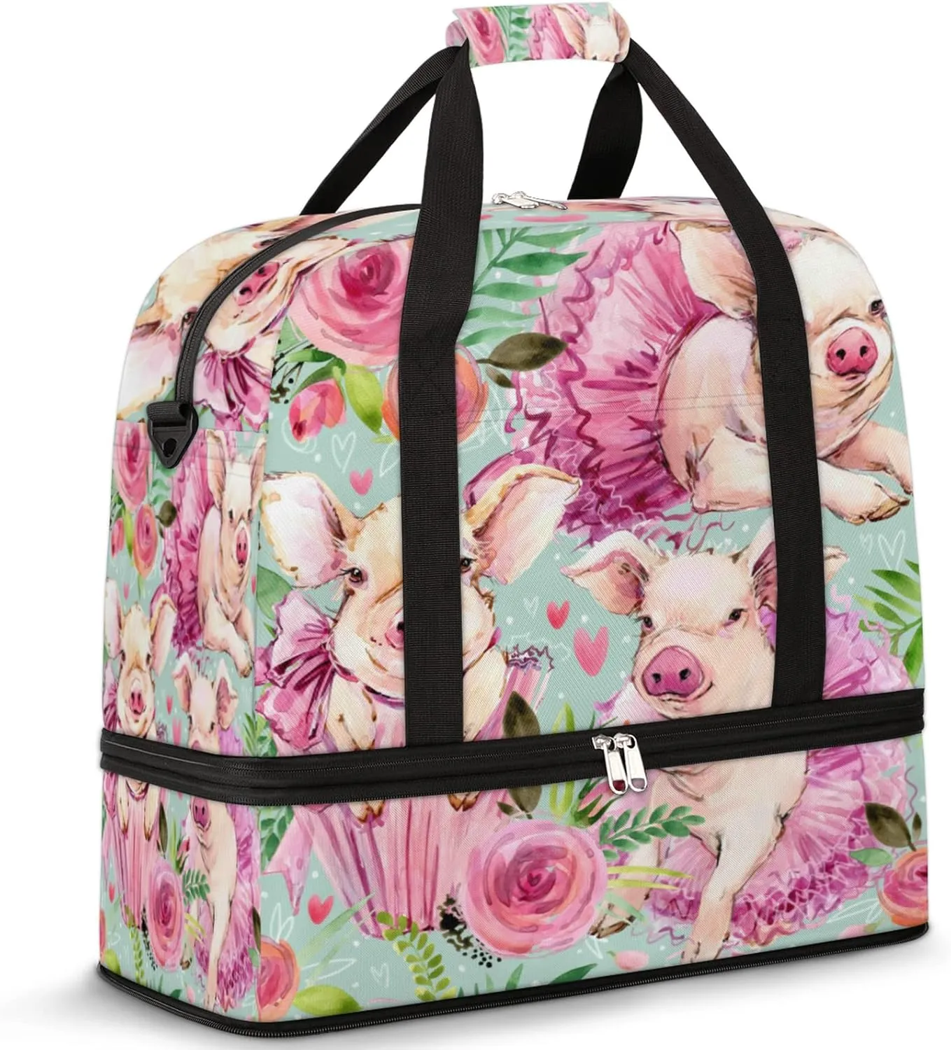 Cute Animal Pig Flower Rose Foldable Travel Duffel Bag Tote Carry On Luggage Sport Duffle for Women Men Gym Bag Overnight Weekender Bags with Shoe Compartments & Shoulder Strap