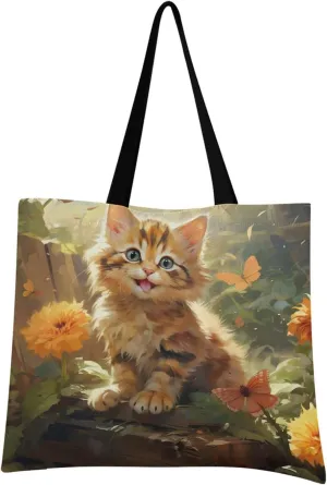 Cute Cat Butterfly Flower Tote Bag for Women Girl Canvas Shoulder Handbags Reusable Grocery Bags Large Purse with Inner Pocket 214a5593