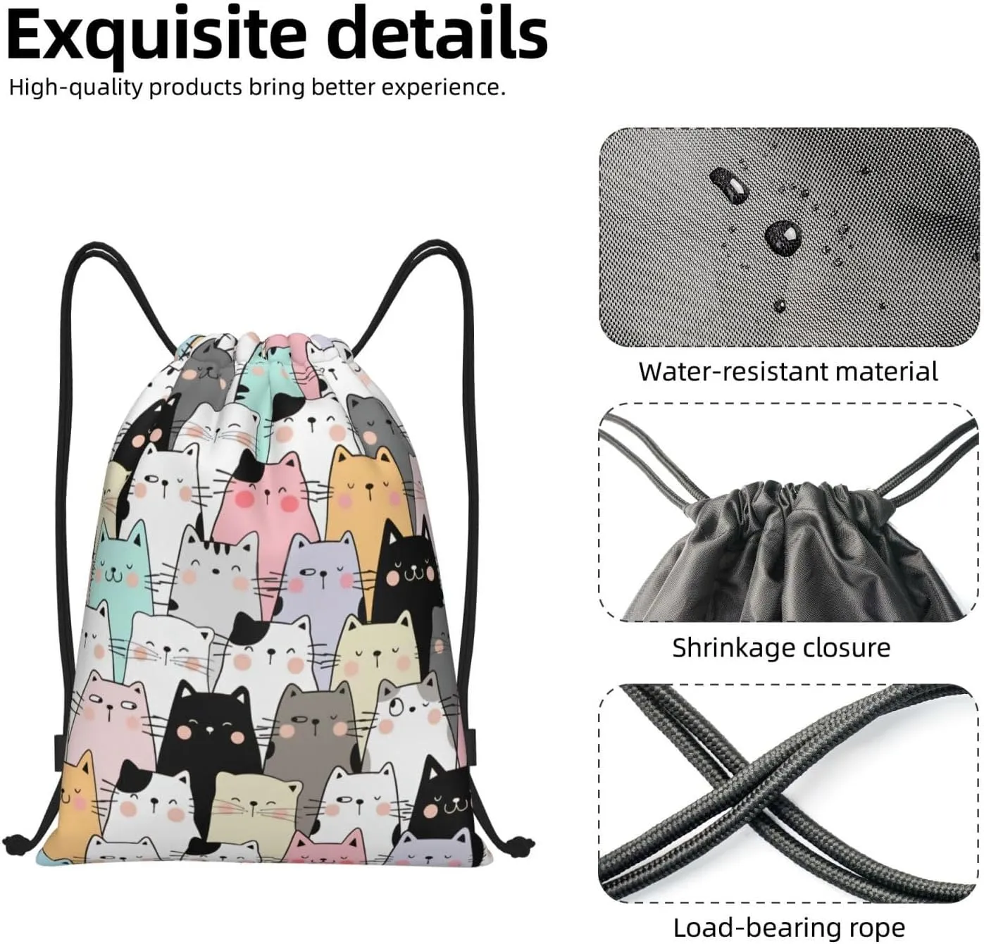 Cute Cats Bags for Women Men Cat Drawstring Backpack Adjustable Bags for Gym,Swimming Beach, Shopping Yoga,Climbing