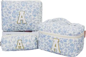 Cute Cotton Makeup Bags Set, Flower Travel Toiletry Organizer Bag - Personalized Initial Makeup Bag Quilted Cosmetic Bag,For Mom Daughter Friend GiftM White/a