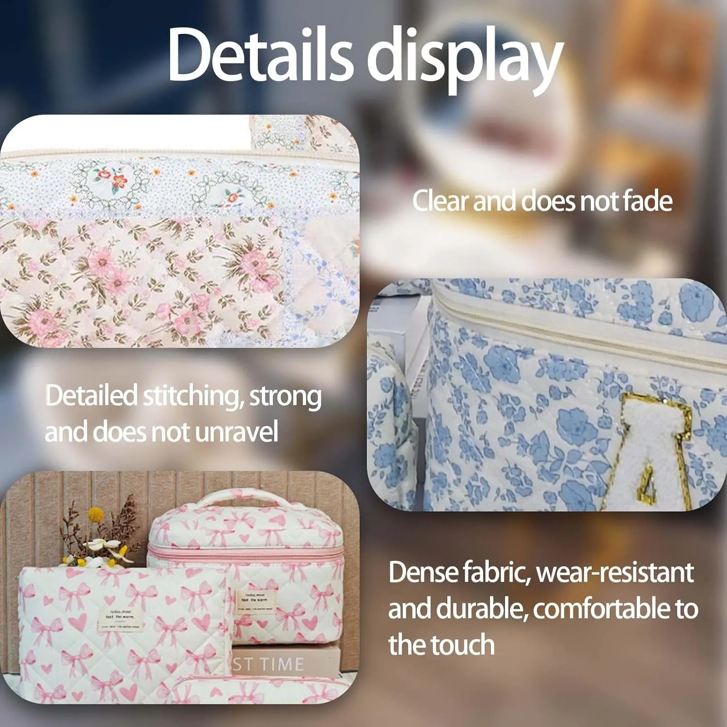 Cute Cotton Makeup Bags Set, Flower Travel Toiletry Organizer Bag - Personalized Initial Makeup Bag Quilted Cosmetic Bag,For Mom Daughter Friend GiftM White/a
