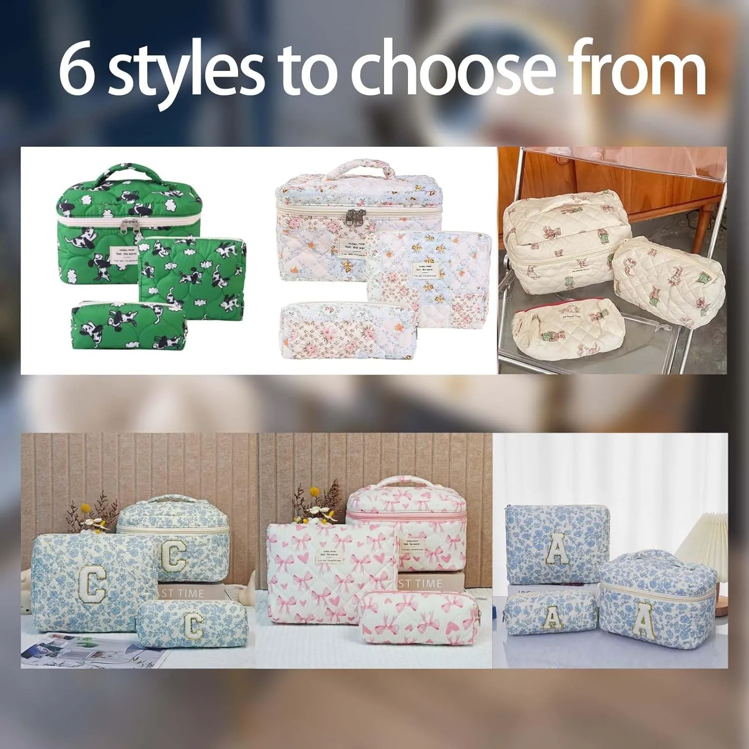 Cute Cotton Makeup Bags Set, Flower Travel Toiletry Organizer Bag - Personalized Initial Makeup Bag Quilted Cosmetic Bag,For Mom Daughter Friend GiftM White/a