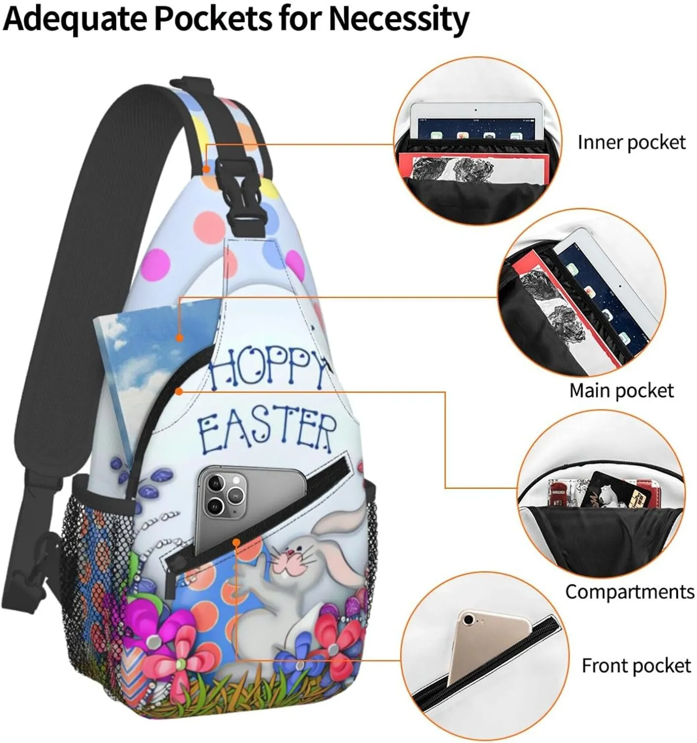Cute Easter Bunny Sling Bag for Women Men Large Crossbody Bags Work Laptop Backpack Handbags