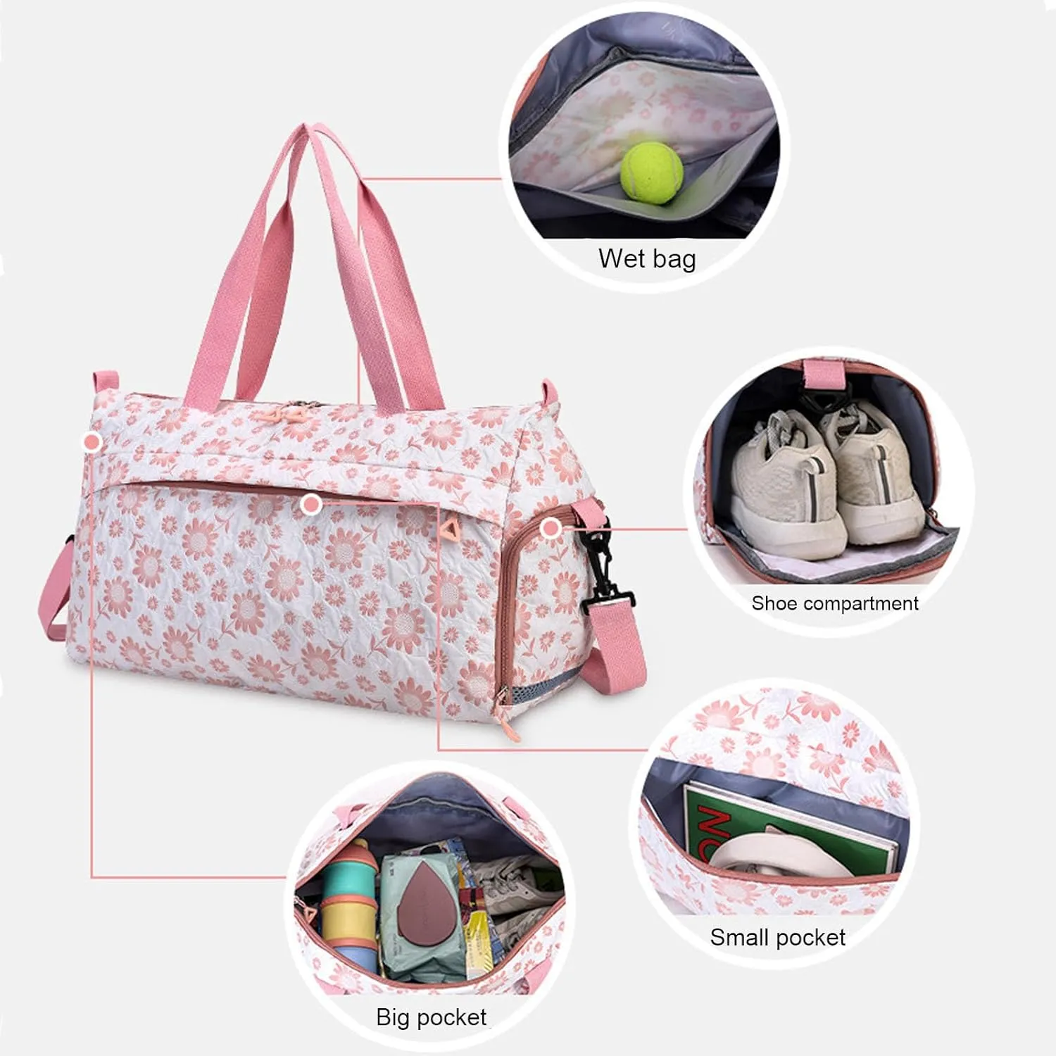 Cute Floral Duffle Bag for Travel,Gym Bag for for Girl/Women,Waterproof Overnight Bag Dance Bag with Shoes Compartment & Wet Pocket,Flower Sports Duffel Bag Weekender Bags (Purple)