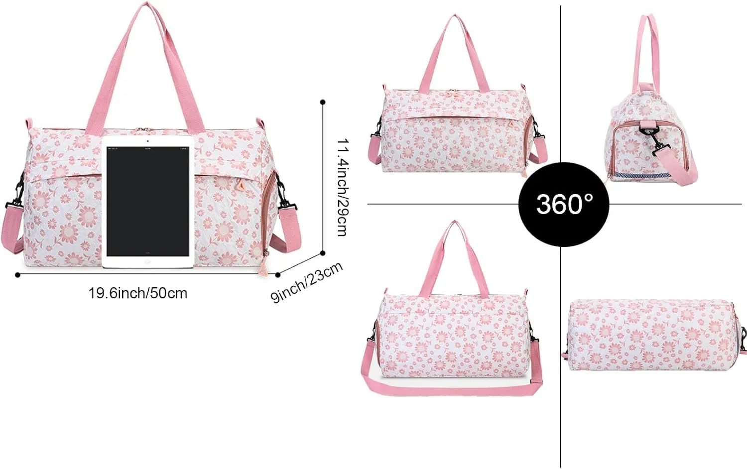 Cute Floral Duffle Bag for Travel,Gym Bag for for Girl/Women,Waterproof Overnight Bag Dance Bag with Shoes Compartment & Wet Pocket,Flower Sports Duffel Bag Weekender Bags(Green)
