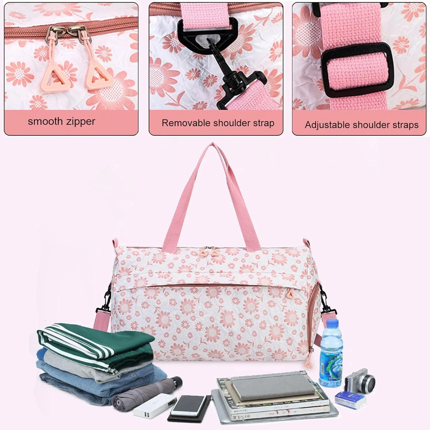 Cute Floral Duffle Bag for Travel,Gym Bag for for Girl/Women,Waterproof Overnight Bag Dance Bag with Shoes Compartment & Wet Pocket,Flower Sports Duffel Bag Weekender Bags(Green)