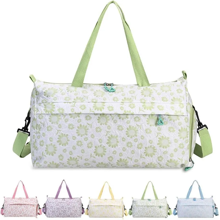 Cute Floral Duffle Bag for Travel,Gym Bag for for Girl/Women,Waterproof Overnight Bag Dance Bag with Shoes Compartment & Wet Pocket,Flower Sports Duffel Bag Weekender Bags(Green)