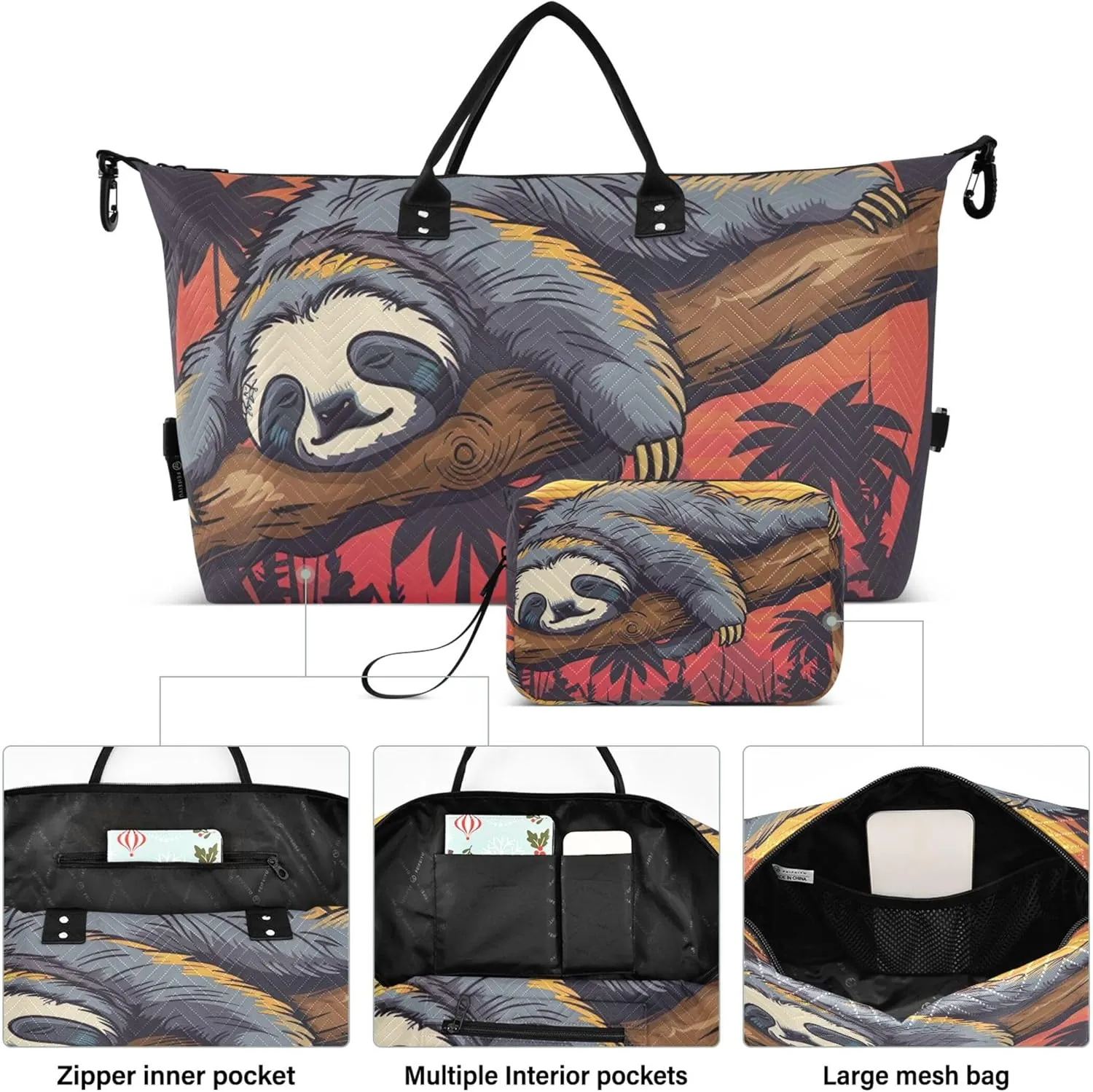 Cute Sloth Sleeping Sunset Duffel Bag for Travel Toiletry Bags Set of 2, Print Women Luggage Bags Carry on Tote