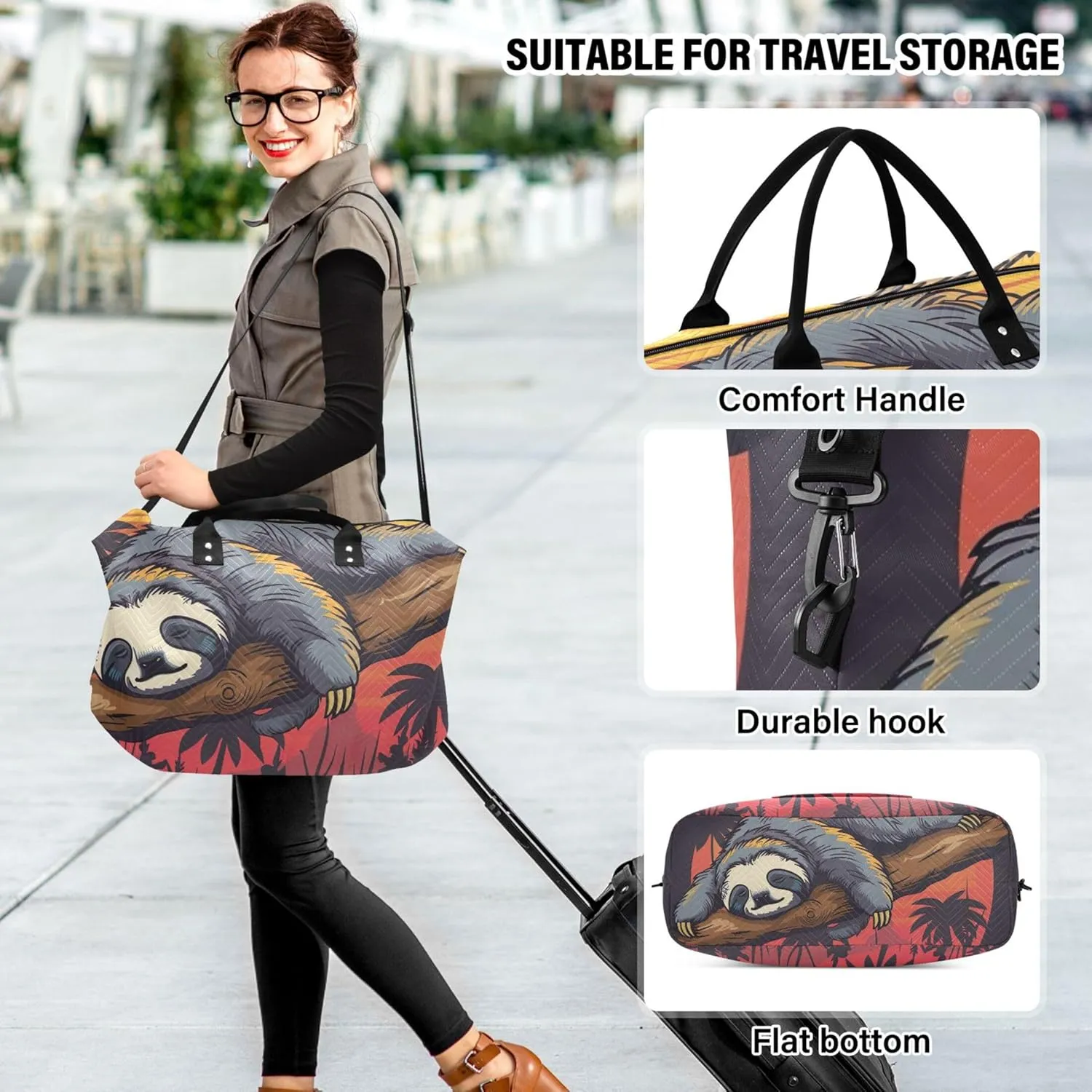 Cute Sloth Sleeping Sunset Duffel Bag for Travel Toiletry Bags Set of 2, Print Women Luggage Bags Carry on Tote