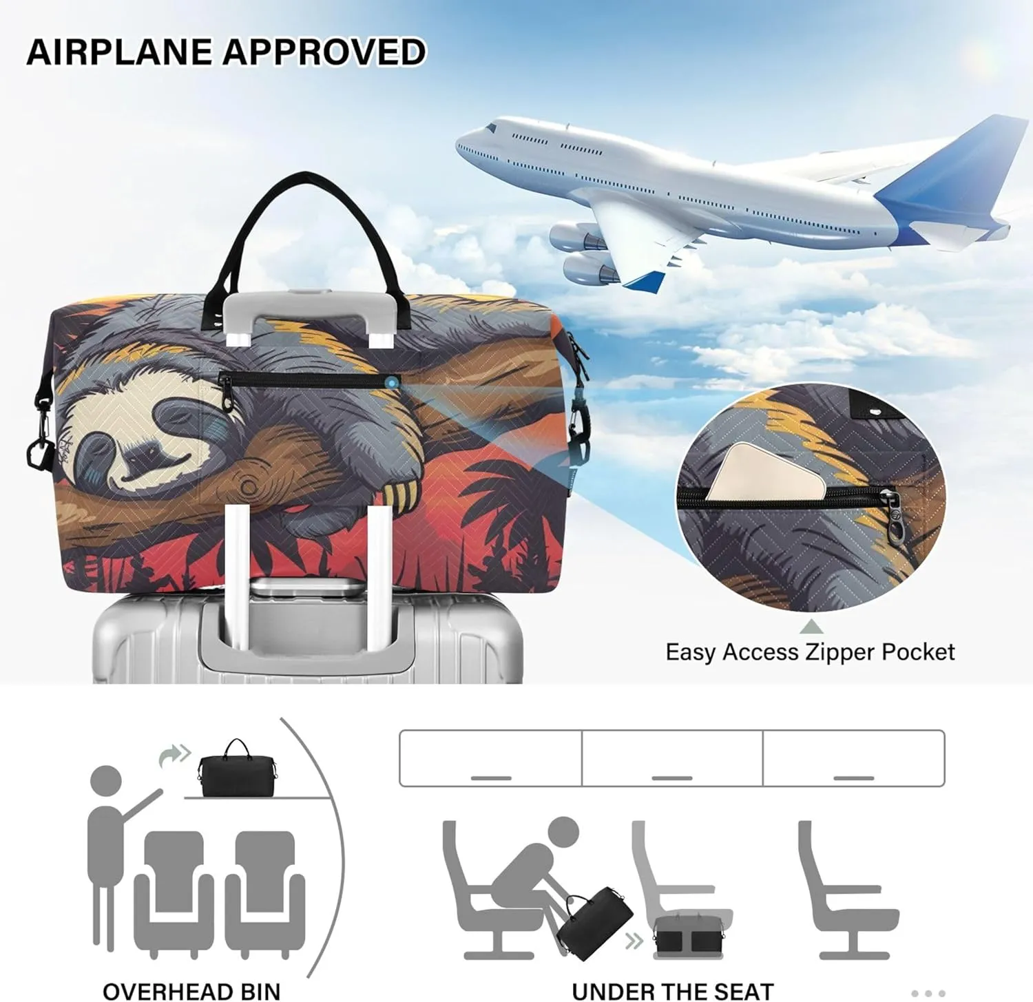 Cute Sloth Sleeping Sunset Duffel Bag for Travel Toiletry Bags Set of 2, Print Women Luggage Bags Carry on Tote