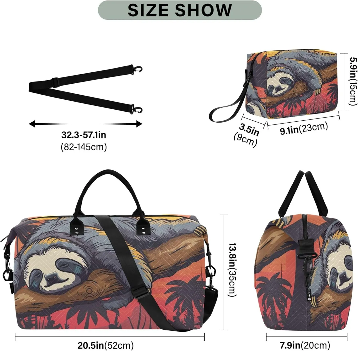 Cute Sloth Sleeping Sunset Duffel Bag for Travel Toiletry Bags Set of 2, Print Women Luggage Bags Carry on Tote