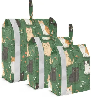 Cute Vivacious Cat Green 3 Set Packing Travel Organizer Portable Garment Bag Closet Storage Bags For Clothing Storage Cabinet For Small Spaces