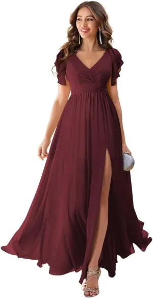 CWOAPO Chiffon Bridesmaid Dresses for Wedding 2025 V Neck Ruffles Short Sleeves Formal Evening Gowns with Slit