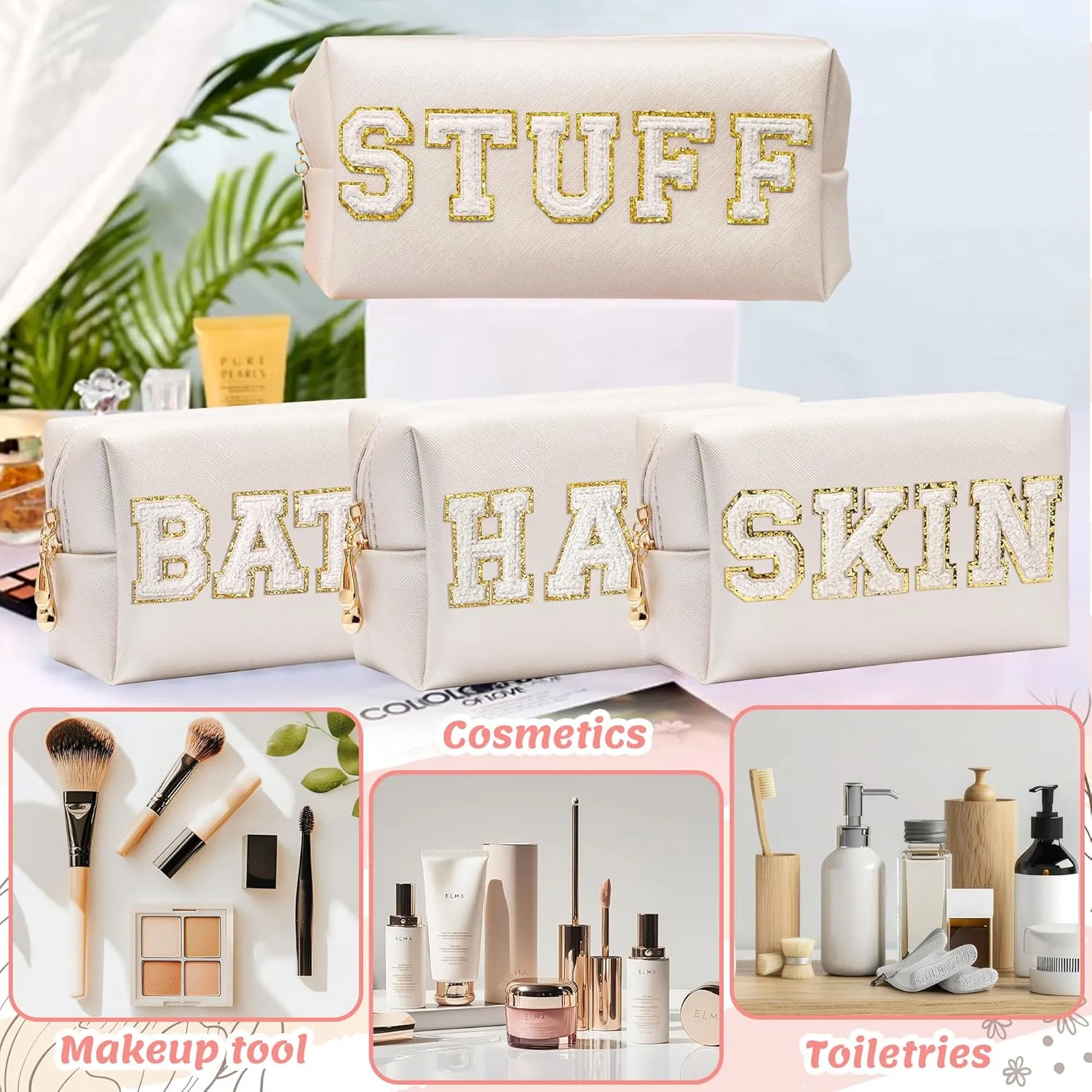CY2SIDE STUFF Letter Makeup Bag - 4PCS White Stuff Hair Bath Skin Chenille Letter Patch Cosmetic Bag Preppy PU Leather Patch Pouch Waterproof Portable Zipper Travel Organizer Xmas Gifts for Women Girl