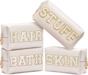 CY2SIDE STUFF Letter Makeup Bag - 4PCS White Stuff Hair Bath Skin Chenille Letter Patch Cosmetic Bag Preppy PU Leather Patch Pouch Waterproof Portable Zipper Travel Organizer Xmas Gifts for Women Girl