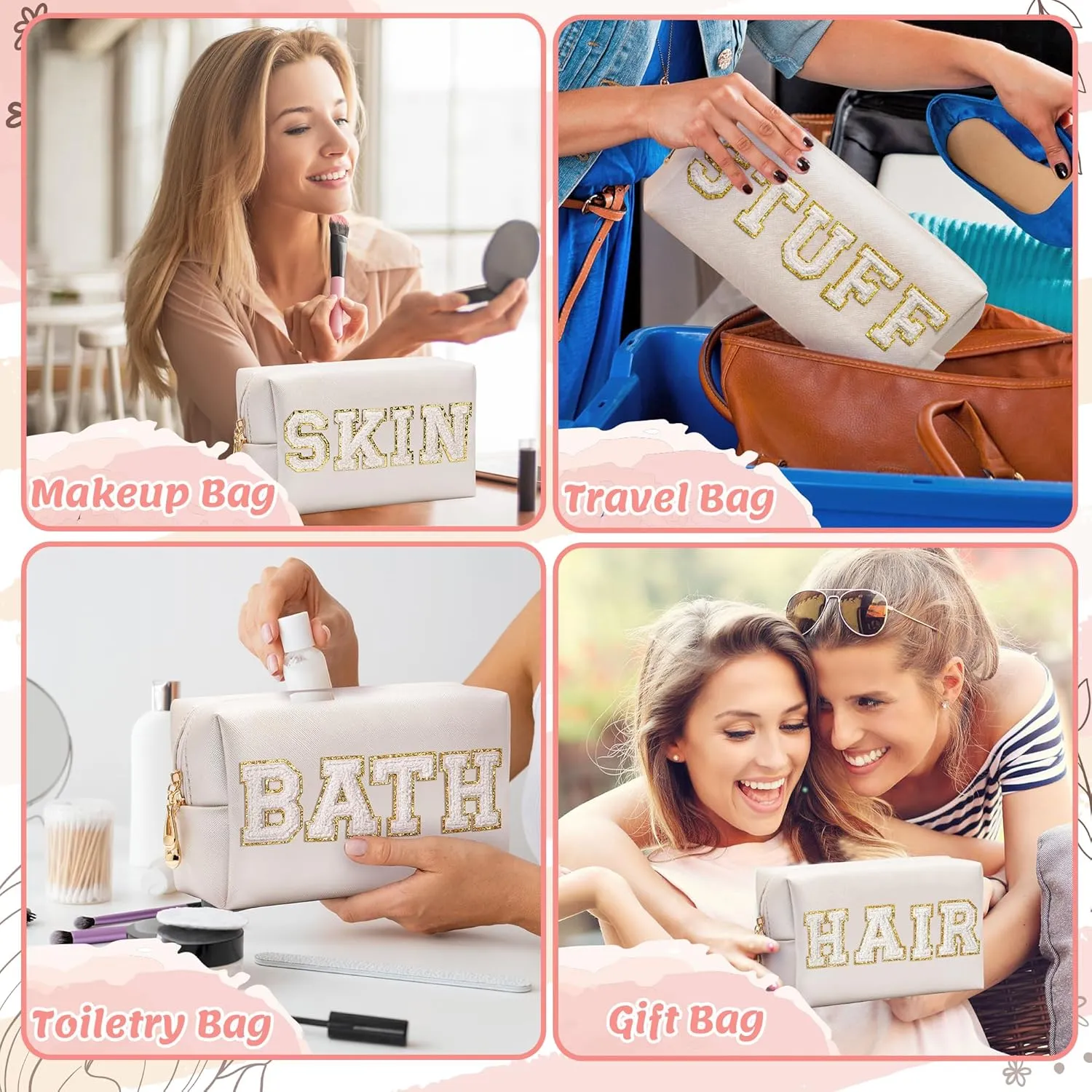 CY2SIDE STUFF Letter Makeup Bag - 4PCS White Stuff Hair Bath Skin Chenille Letter Patch Cosmetic Bag Preppy PU Leather Patch Pouch Waterproof Portable Zipper Travel Organizer Xmas Gifts for Women Girl