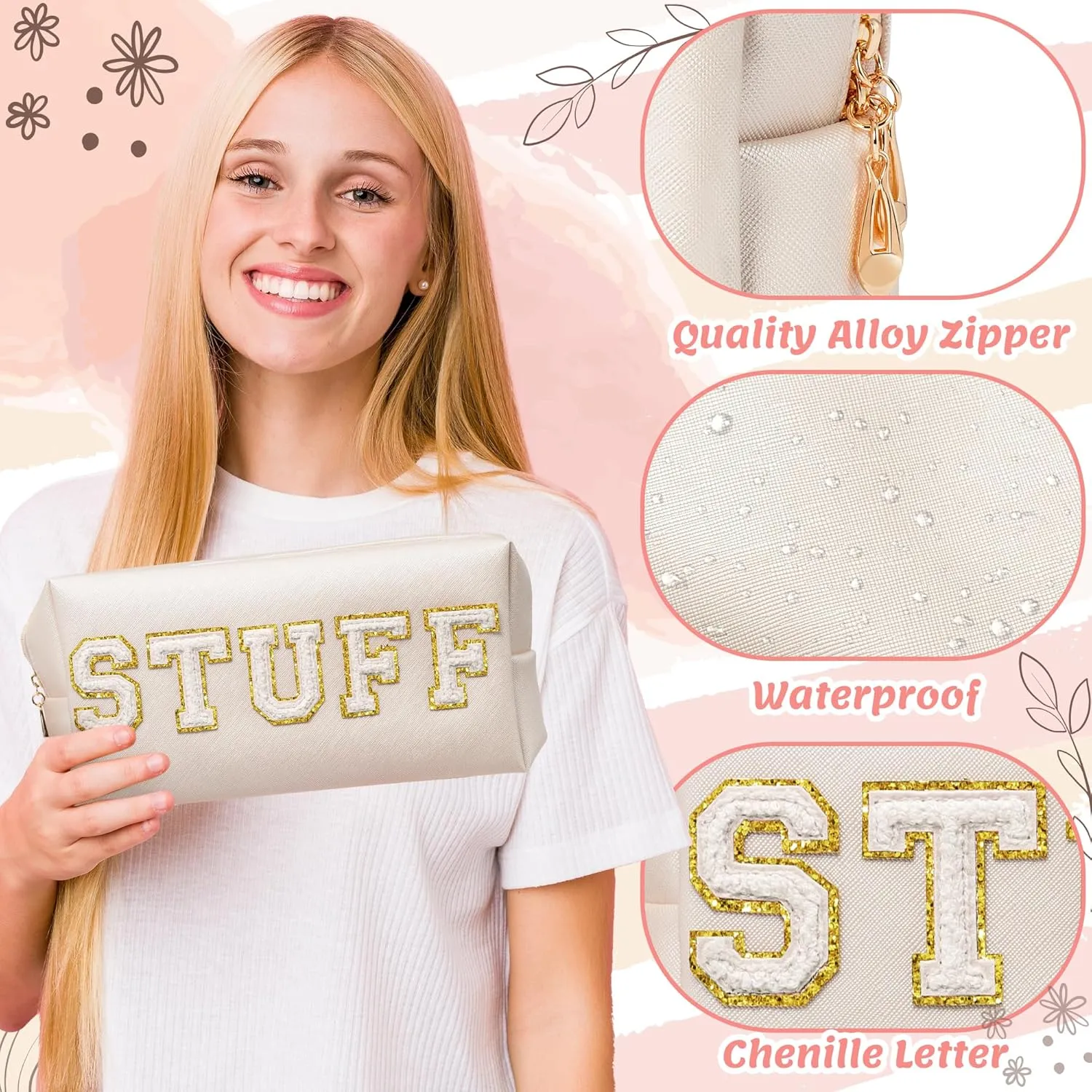 CY2SIDE STUFF Letter Makeup Bag - 4PCS White Stuff Hair Bath Skin Chenille Letter Patch Cosmetic Bag Preppy PU Leather Patch Pouch Waterproof Portable Zipper Travel Organizer Xmas Gifts for Women Girl