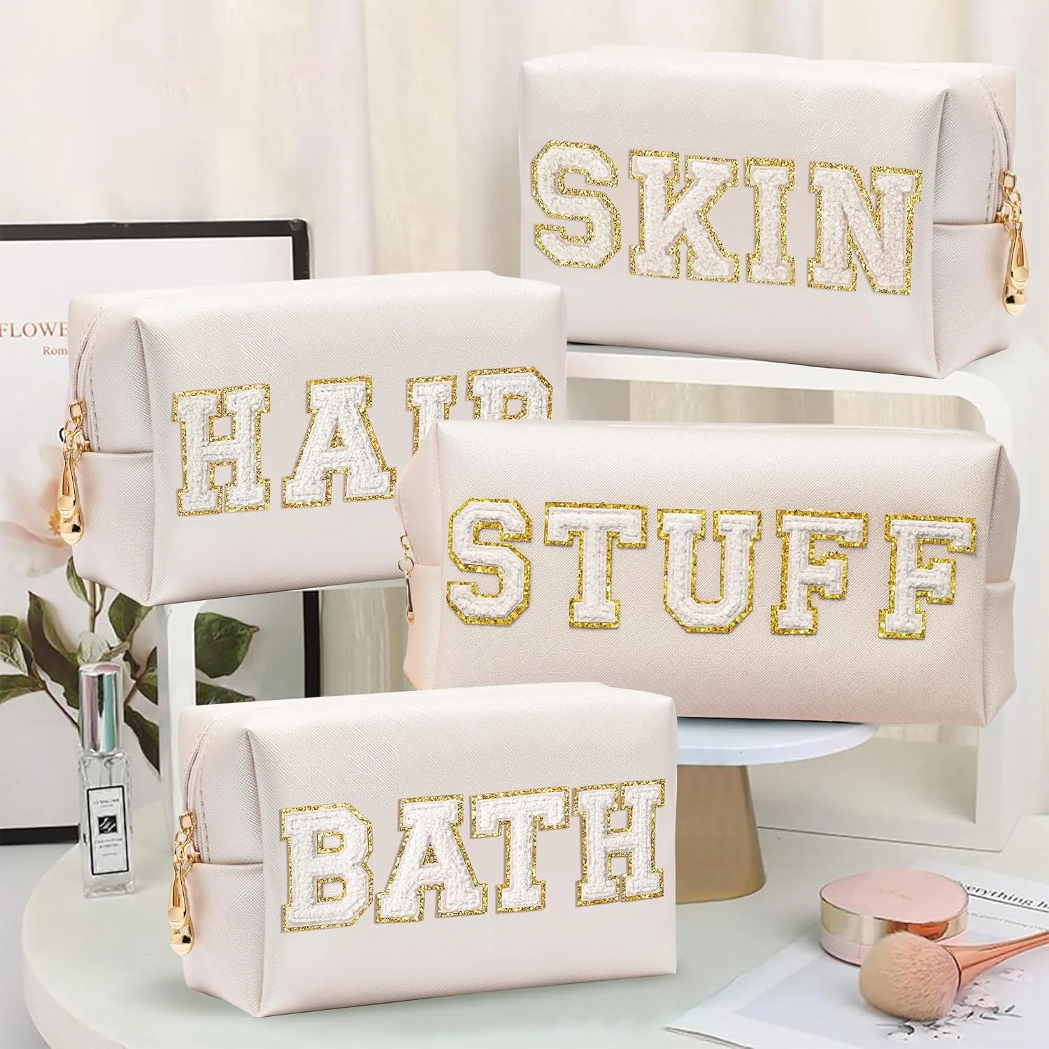 CY2SIDE STUFF Letter Makeup Bag - 4PCS White Stuff Hair Bath Skin Chenille Letter Patch Cosmetic Bag Preppy PU Leather Patch Pouch Waterproof Portable Zipper Travel Organizer Xmas Gifts for Women Girl
