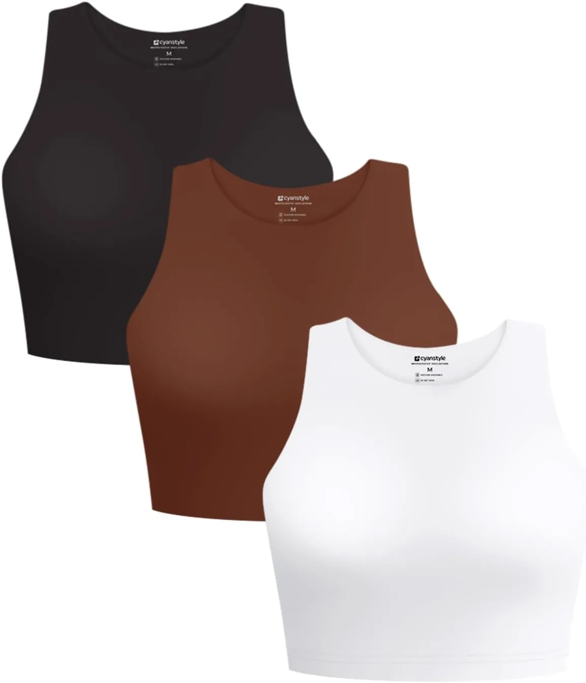 Cyanstyle Women's 3 Piece Tank Tops Sleeveless Halter Neck Raceback Double Lined Basic Tank Crop Tops