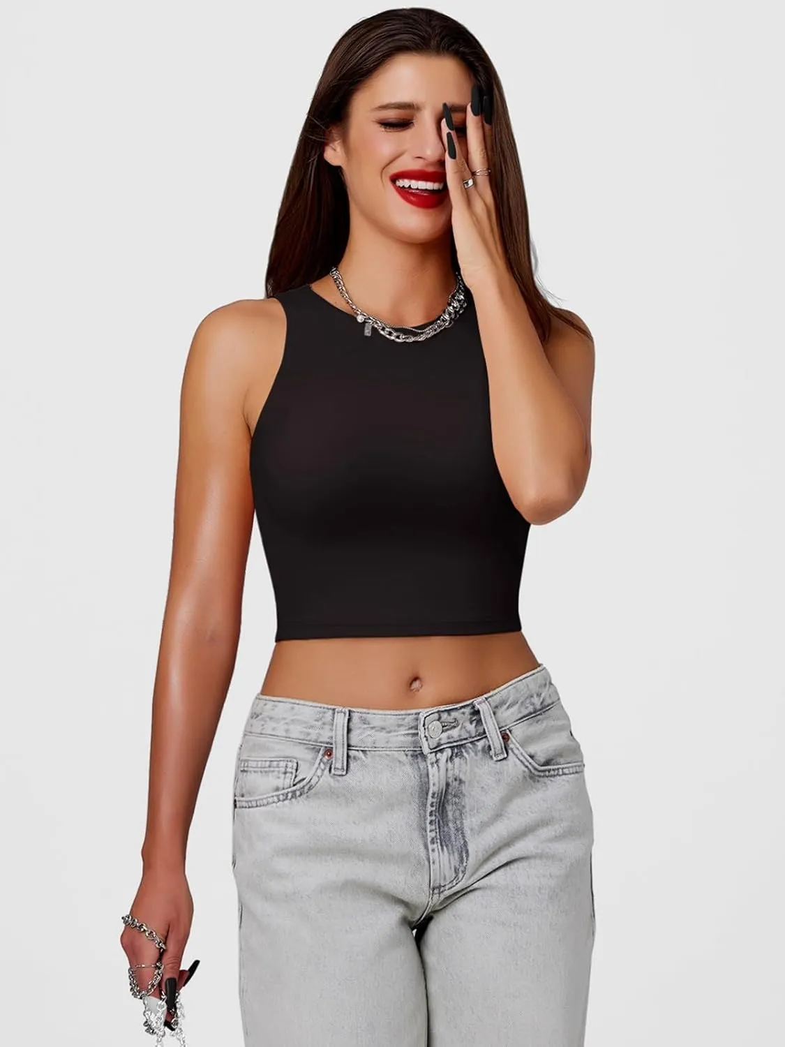 Cyanstyle Women's 3 Piece Tank Tops Sleeveless Halter Neck Raceback Double Lined Basic Tank Crop Tops