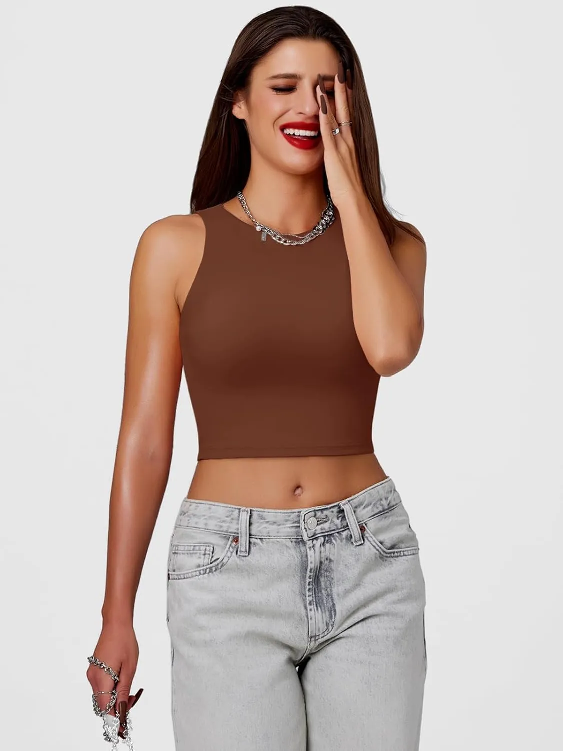 Cyanstyle Women's 3 Piece Tank Tops Sleeveless Halter Neck Raceback Double Lined Basic Tank Crop Tops
