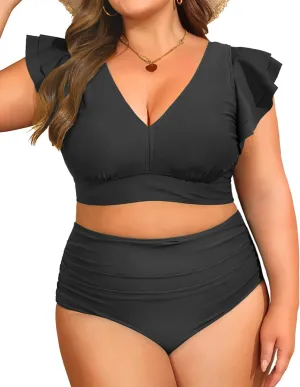 Daci Plus Size Two Piece Bikini Swimsuits - High Waisted Tummy Control Women Bathing Suits with Ruffle Sleeve Swimwear