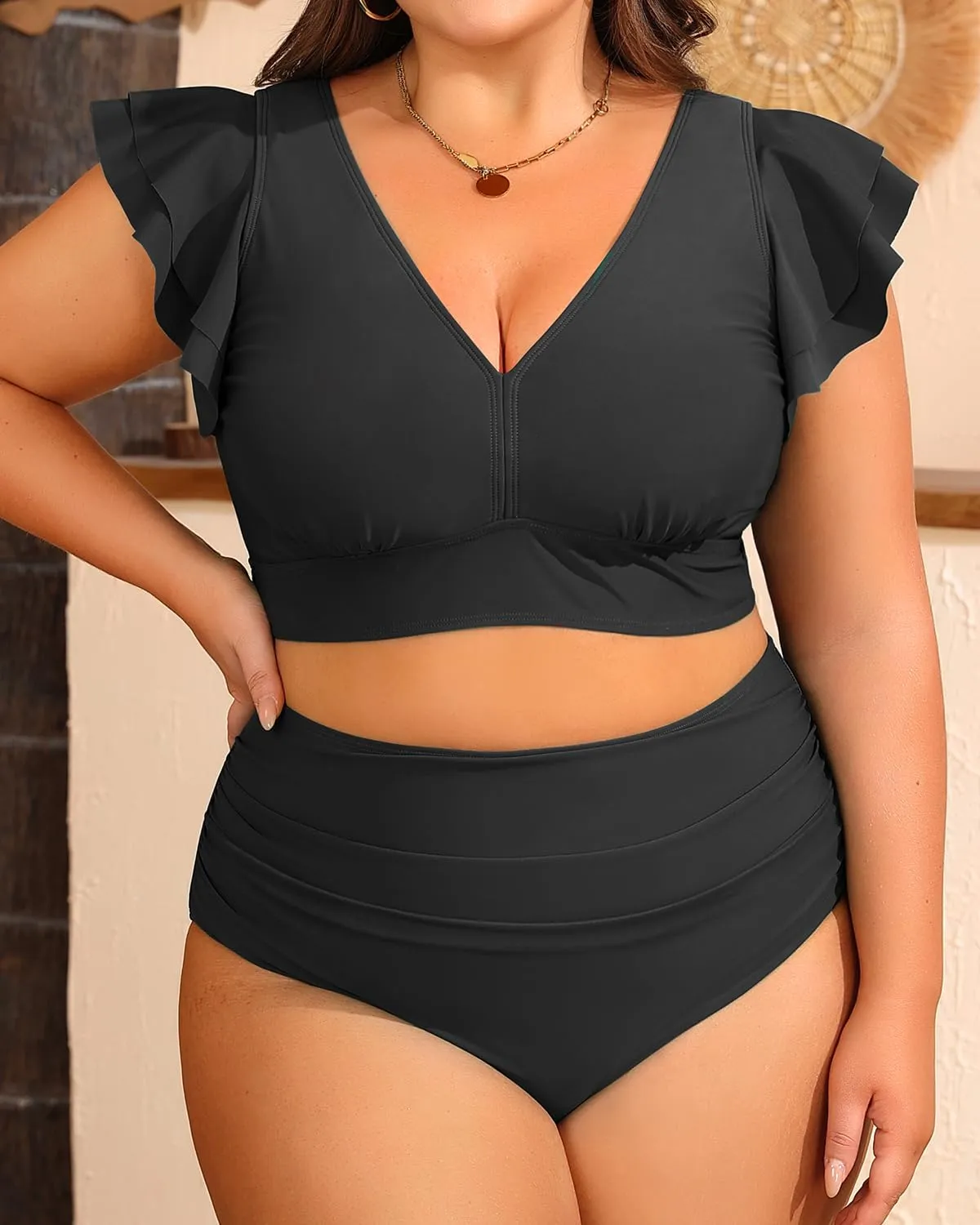 Daci Plus Size Two Piece Bikini Swimsuits - High Waisted Tummy Control Women Bathing Suits with Ruffle Sleeve Swimwear