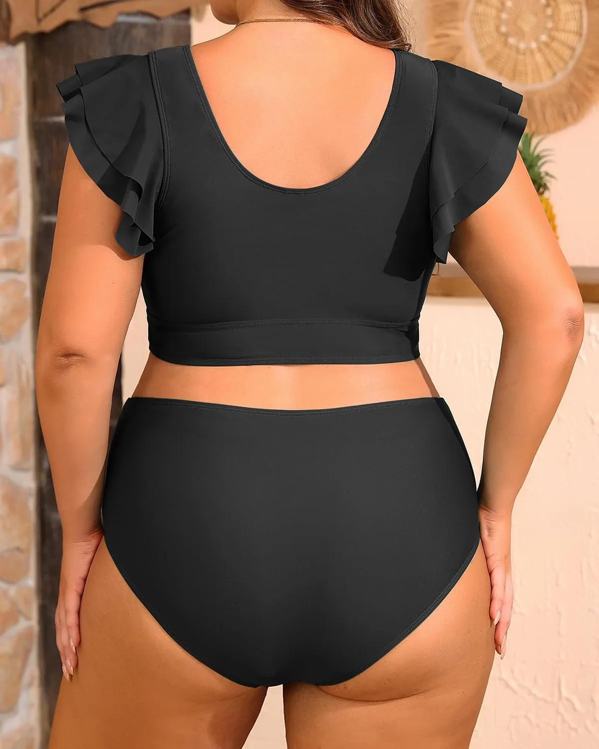 Daci Plus Size Two Piece Bikini Swimsuits - High Waisted Tummy Control Women Bathing Suits with Ruffle Sleeve Swimwear
