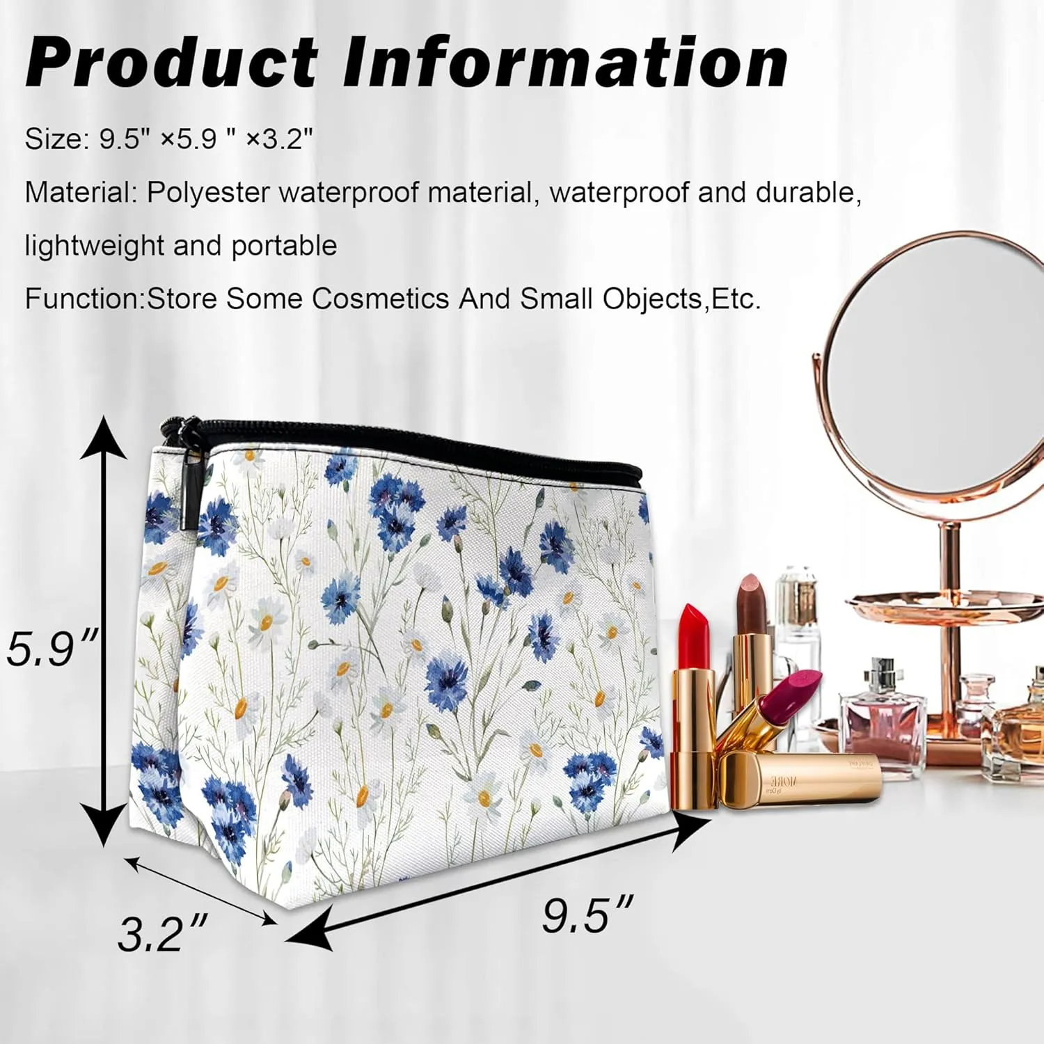 Daisy Makeup Bag Blue Cornflower Cosmetic Bag for Women, Travel Small Pouch for Toiletries, Water Resistant Gift 9.55.9 Inch